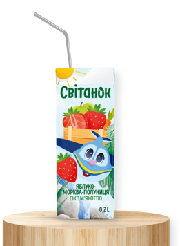 Яблучно-морквяно-полуничний сік з мякоттю СВІТАНОК 0,2л 58X3 фото